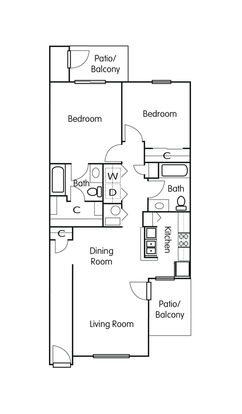 Floor plan for 2 beds, 2 baths, 986 sqft